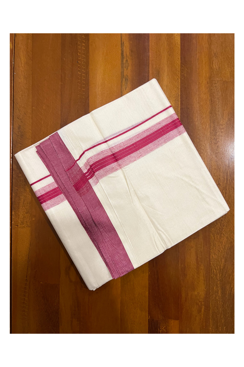 Pure Cotton Off White Double Mundu with Dark Pink Border (South Indian Dhoti)