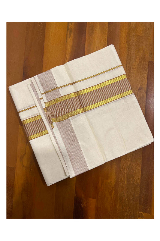 Off White Kerala Double Mundu with Light Brown and Kasavu Border (South Indian Dhoti)