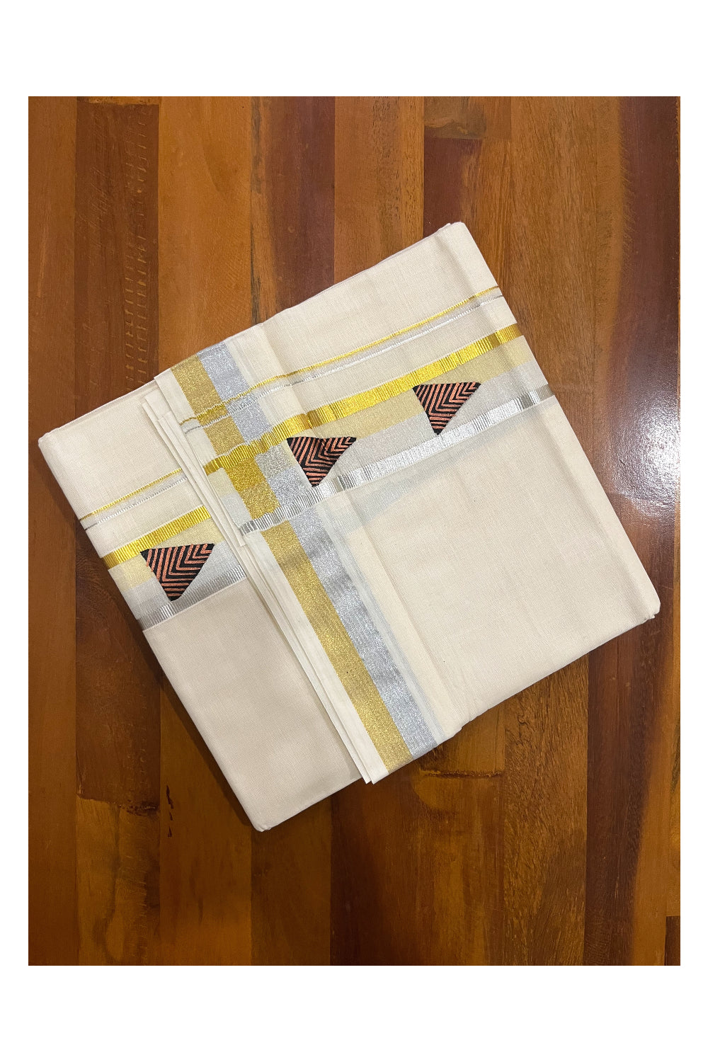 Off White Pure Cotton Double Mundu with Mural Hand Painted Design on Silver and Golden Kasavu Kara (South Indian Dhoti)