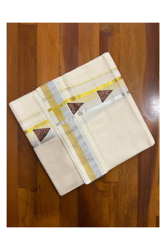 Off White Pure Cotton Double Mundu with Mural Hand Painted Design on Silver and Golden Kasavu Kara (South Indian Dhoti)