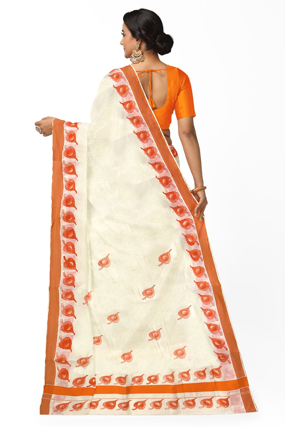 Pure Cotton Kerala Saree with Orange Leaf Block Printed Border