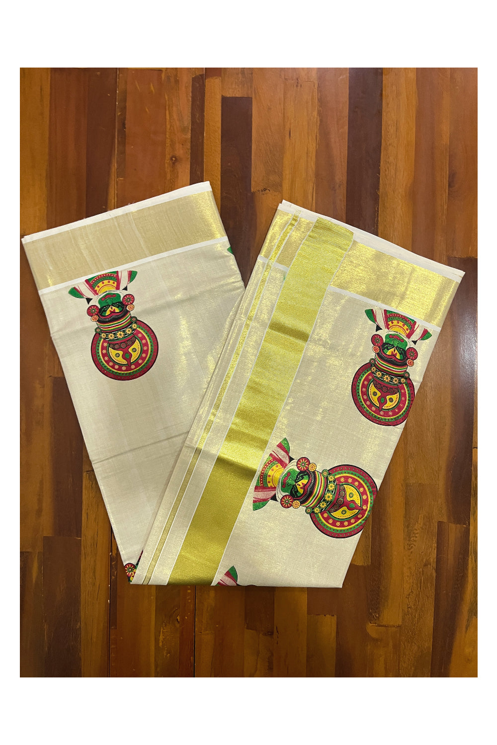 Kerala Tissue Kasavu Saree with Kathakali Mural Printed Design