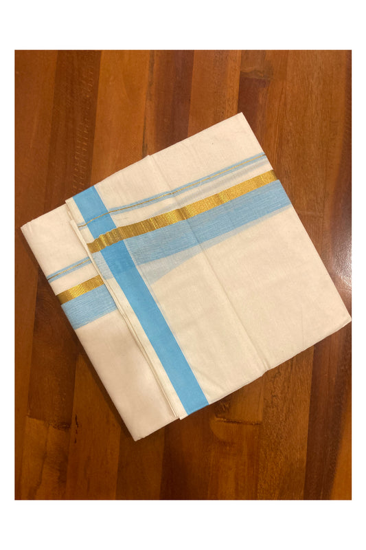 Pure Cotton Off White Double Mundu with Blue and Kasavu Border (South Indian Dhoti)