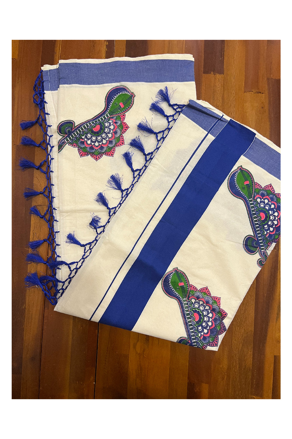 Pure Cotton Kerala Blue Border Saree with Mural Veena and Floral Design