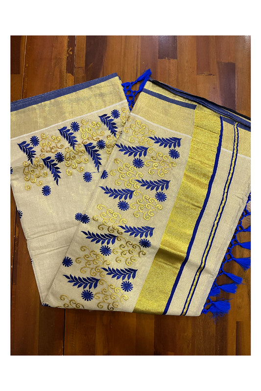 Kerala Tissue Kasavu Heavy Work Saree with Golden and Blue Floral Embroidery Design