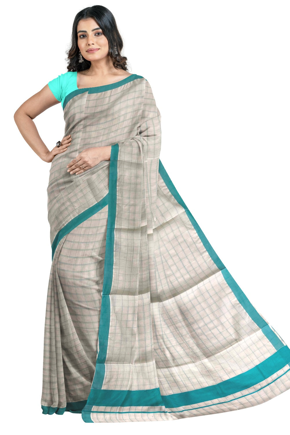 Kerala Pure Cotton Turquoise Woven Check Saree with 3 inch Border