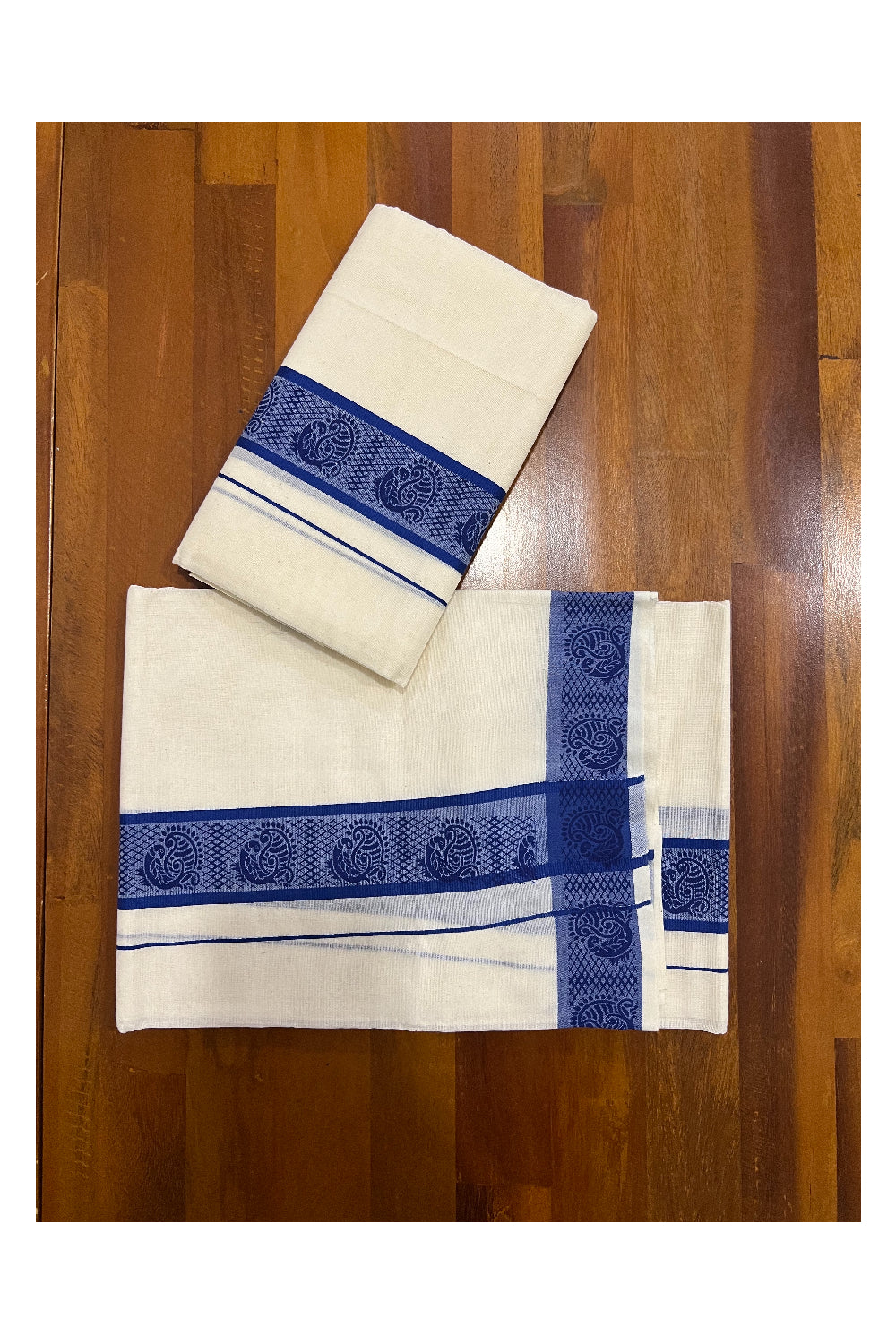 Kerala Cotton Set Mundu (Mundum Neriyathum) with Blue Peacock Block Printed Border