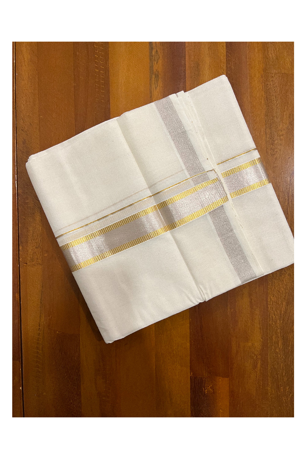 Southloom Premium Handloom Double Mundu with Silver and Golden Kasavu Kara (South Indian Kerala Dhoti)