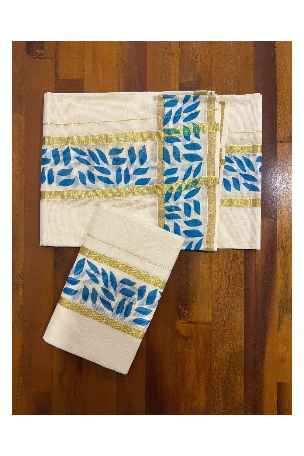 Kerala Cotton Kasavu Set Mundu (Mundum Neriyathum) with Light Blue Block Prints on Border