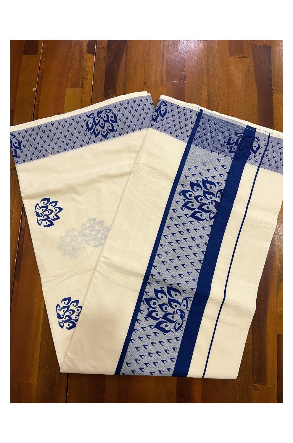 Pure Cotton Off White Kerala Saree with Blue Block Prints on Border