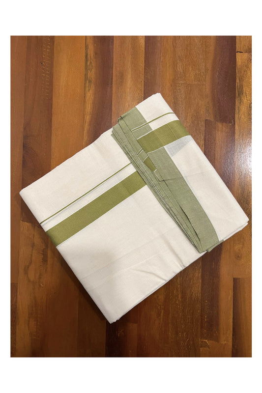 Off White Pure Cotton Double Mundu with Olive Green Kara (South Indian Dhoti)