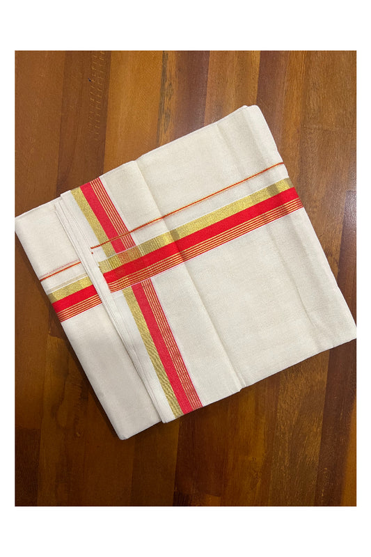 Southloom Balaramapuram Handloom Pure Cotton Mundu with Orangish Red and Kasavu Border (South Indian Dhoti)