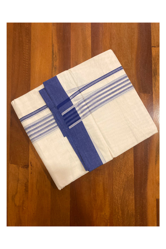 Off White Kerala Double Mundu with Blue Lines Border (South Indian Dhoti)