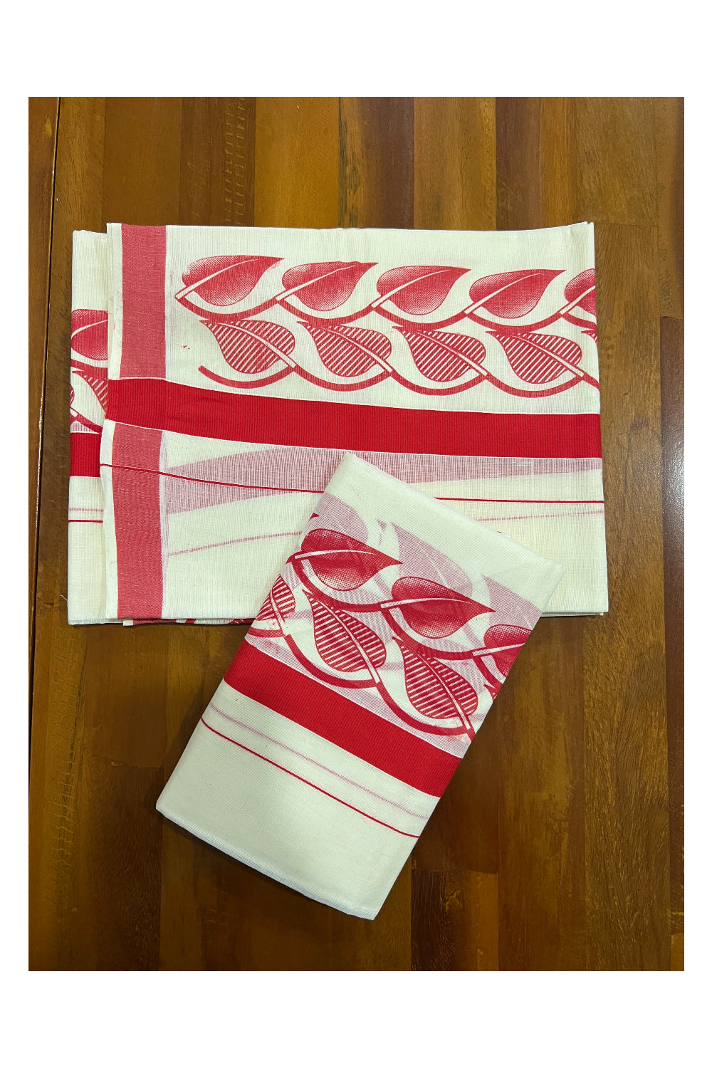 Pure Cotton Kerala Set Mundu (Mundum Neriyathum) with Red Leaf Block Prints on Border
