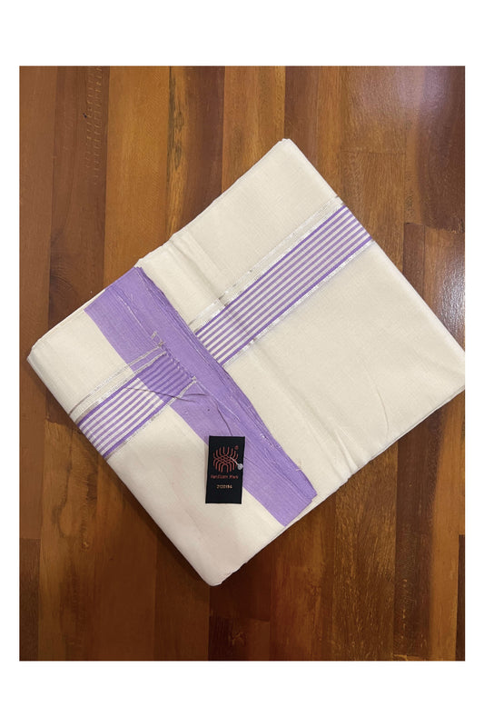 Southloom Balaramapuram Pure Cotton Handloom Mundu with Silver Kasavu and Violet Lines Border