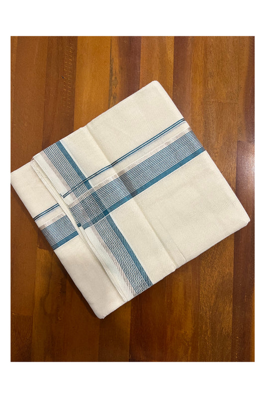 Southloom Kuthampully Handloom Pure Cotton Mundu with Silver and Teal Blue Kasavu Border (South Indian Dhoti)