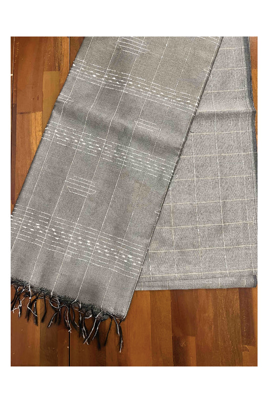 Southloom Grey Semi Tussar Checkered Designer Saree with Tassels on Pallu