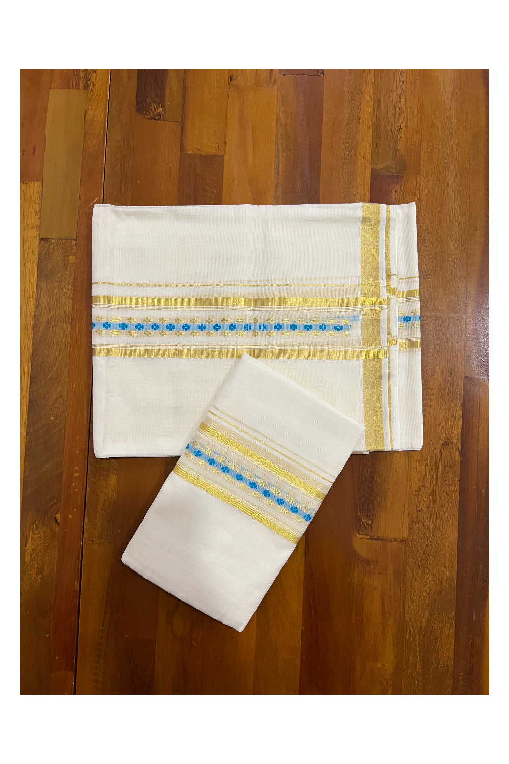 Southloom Handloom Premium Cotton Set Mundu with Kasavu Woven Work on Border (Light Blue Woven Dots)