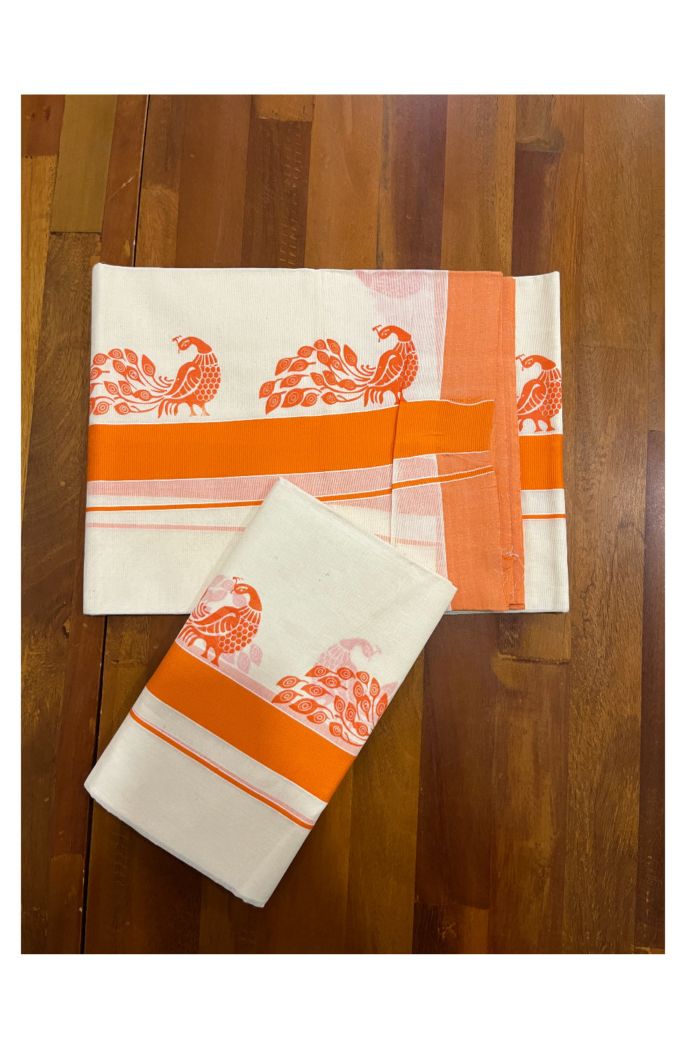 Kerala Cotton Set Mundu (Mundum Neriyathum) with Orange Block Prints Border