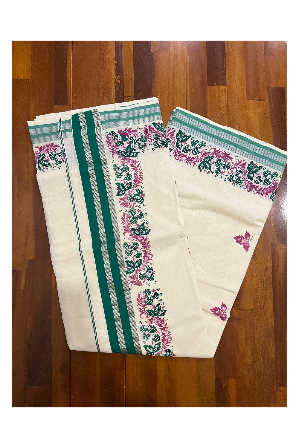 Pure Cotton Kerala Silver Kasavu Saree with Green and Magenta Floral Block Printed Design