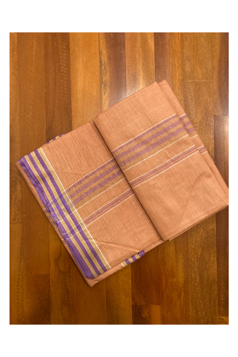 Southloom Premium Handloom Dark Saffron Solid Single Mundu (Lungi) with Violet Border