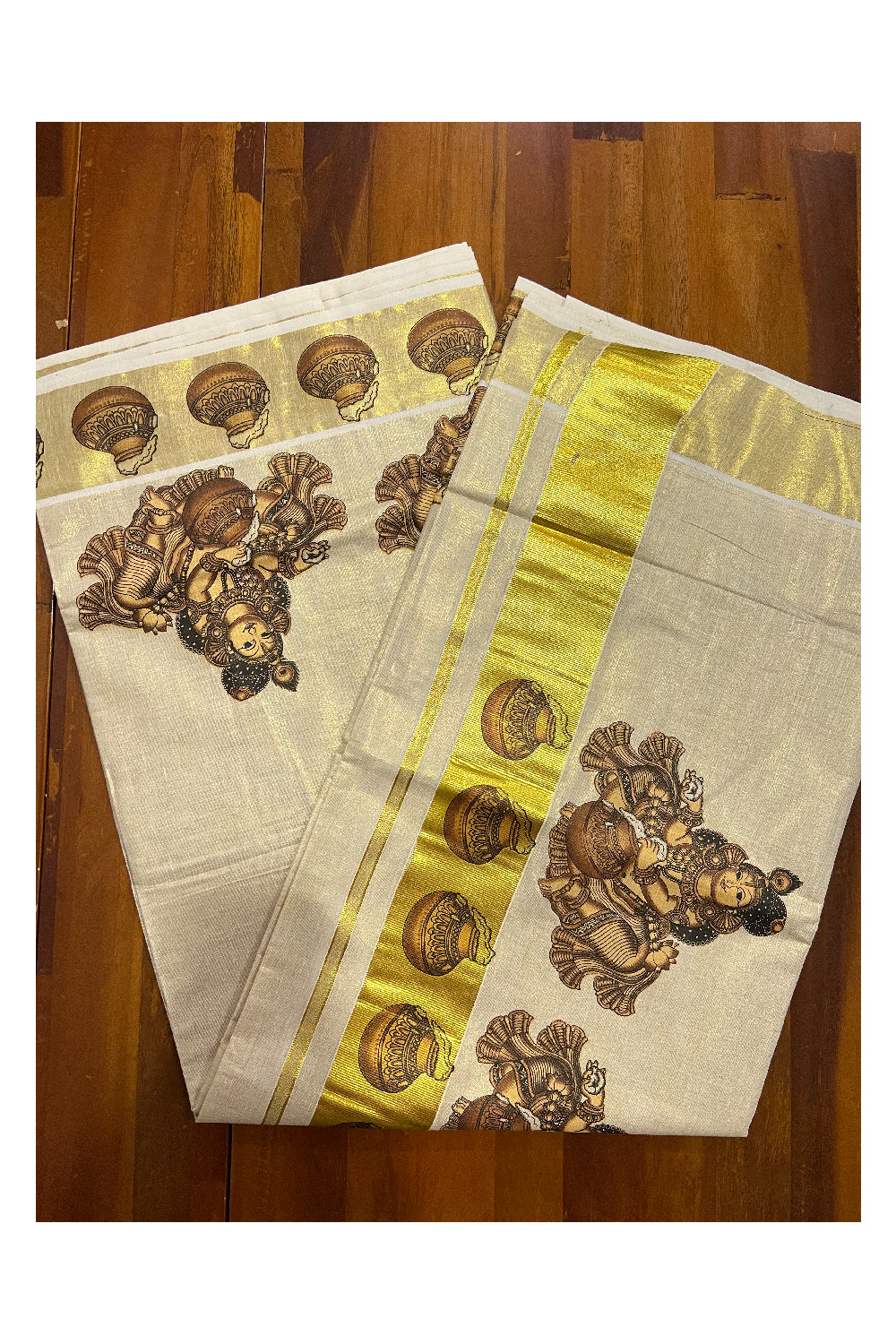 Kerala Tissue Kasavu Saree With Mural Krishna Design and Printed Border