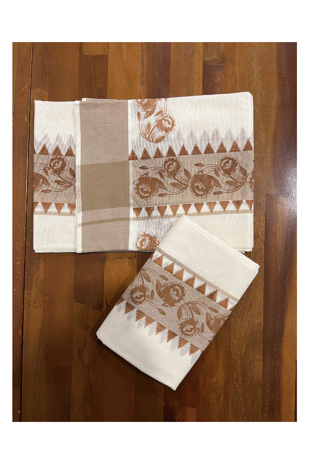 Kerala Cotton Set Mundu (Mundum Neriyathum) with Brown Floral Block Printed Temple Border