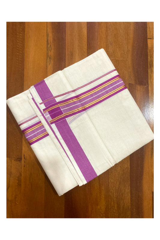 Pure Cotton Double Mundu with Magenta and Kasavu Border (South Indian Kerala Dhoti)