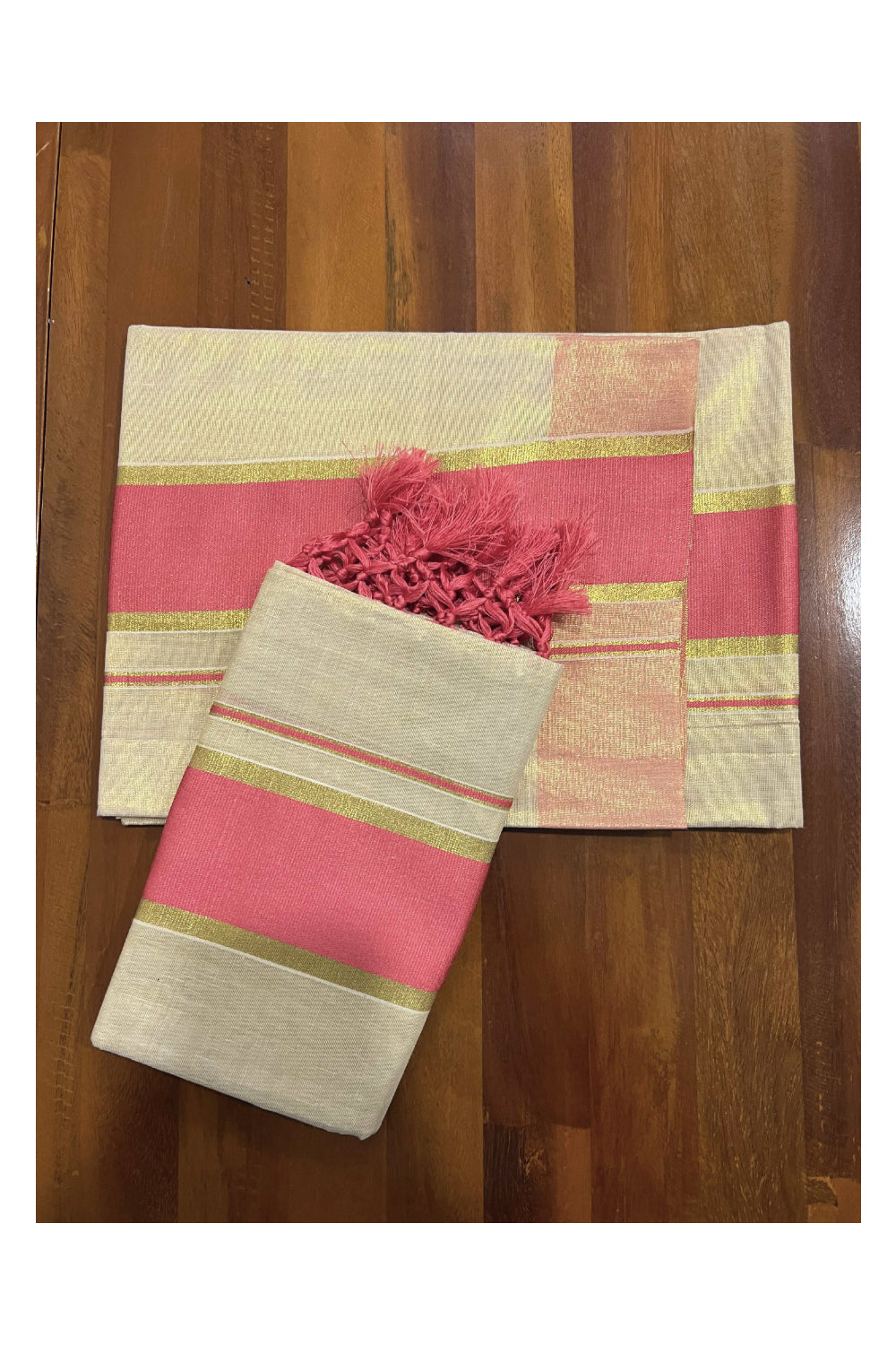 Kerala Tissue Kasavu Set Mundu (Mundum Neriyathum) with Pink Kara and Tassels on Pallu 2.80 Mtrs