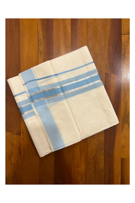 Off White Kerala Double Mundu with Silver Kasavu and Light Blue Line Border (South Indian Dhoti)