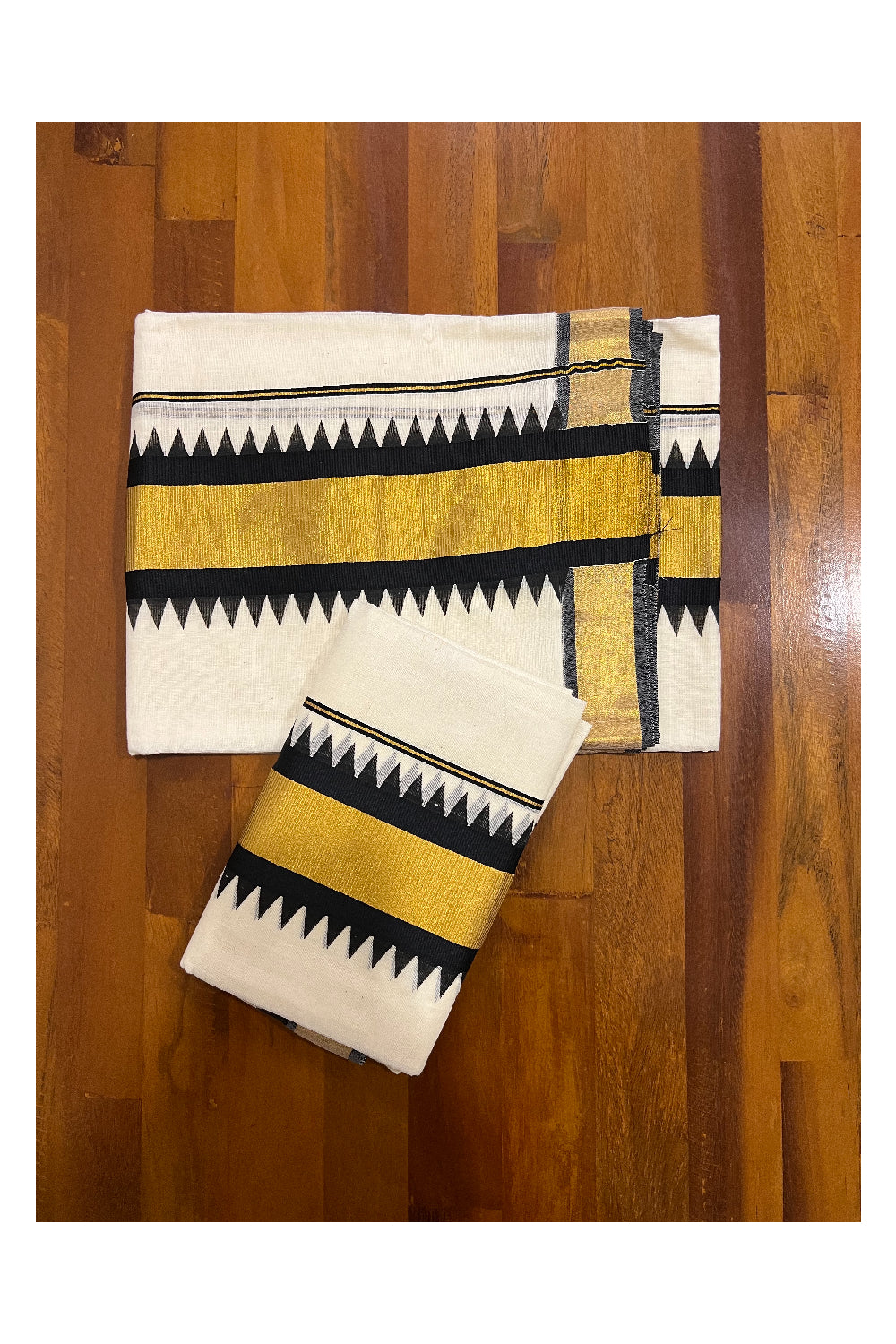 Cotton Kasavu Set Mundu (Mundum Neriyathum) with Black Temple Block Prints on Border