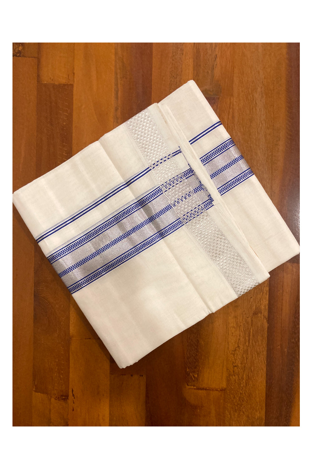 Southloom Premium Handloom Pure Cotton Mundu with Blue and Silver Kasavu Border (South Indian Kerala Dhoti)