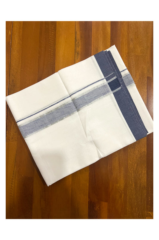 Pure White Cotton Double Mundu with Dark Blue and Silver Kasavu Border (South Indian Dhoti)