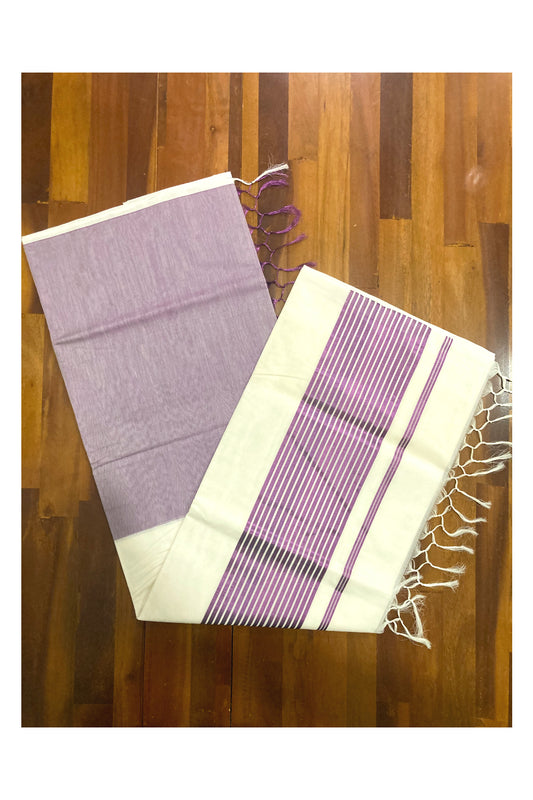 Southloom™ Premium Handloom Half & Half (Cotton / Tissue) Kerala Saree with Violet Kasavu Pallu