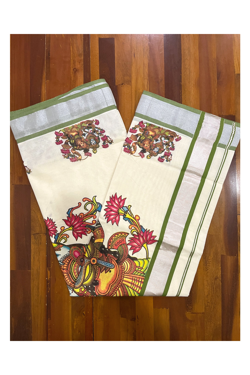 Pure Cotton Kerala Saree with Krishna Radha Mural Prints and Silver Green Border