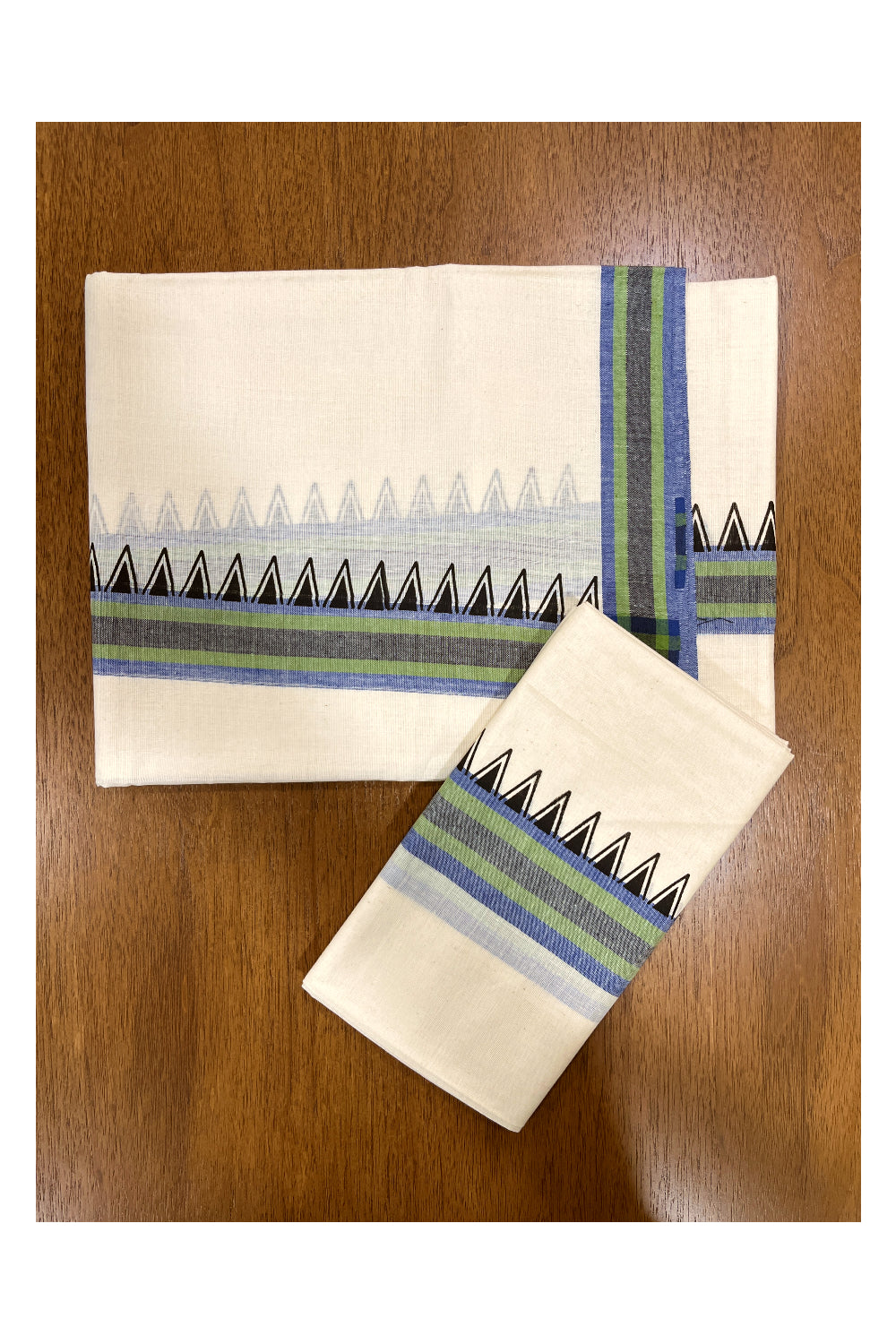 Kerala Cotton Mulloth Mundum Neriyathum Single (Set Mundu) with Black Temple Block Prints on Blue Green Border (Extra Soft Cotton)