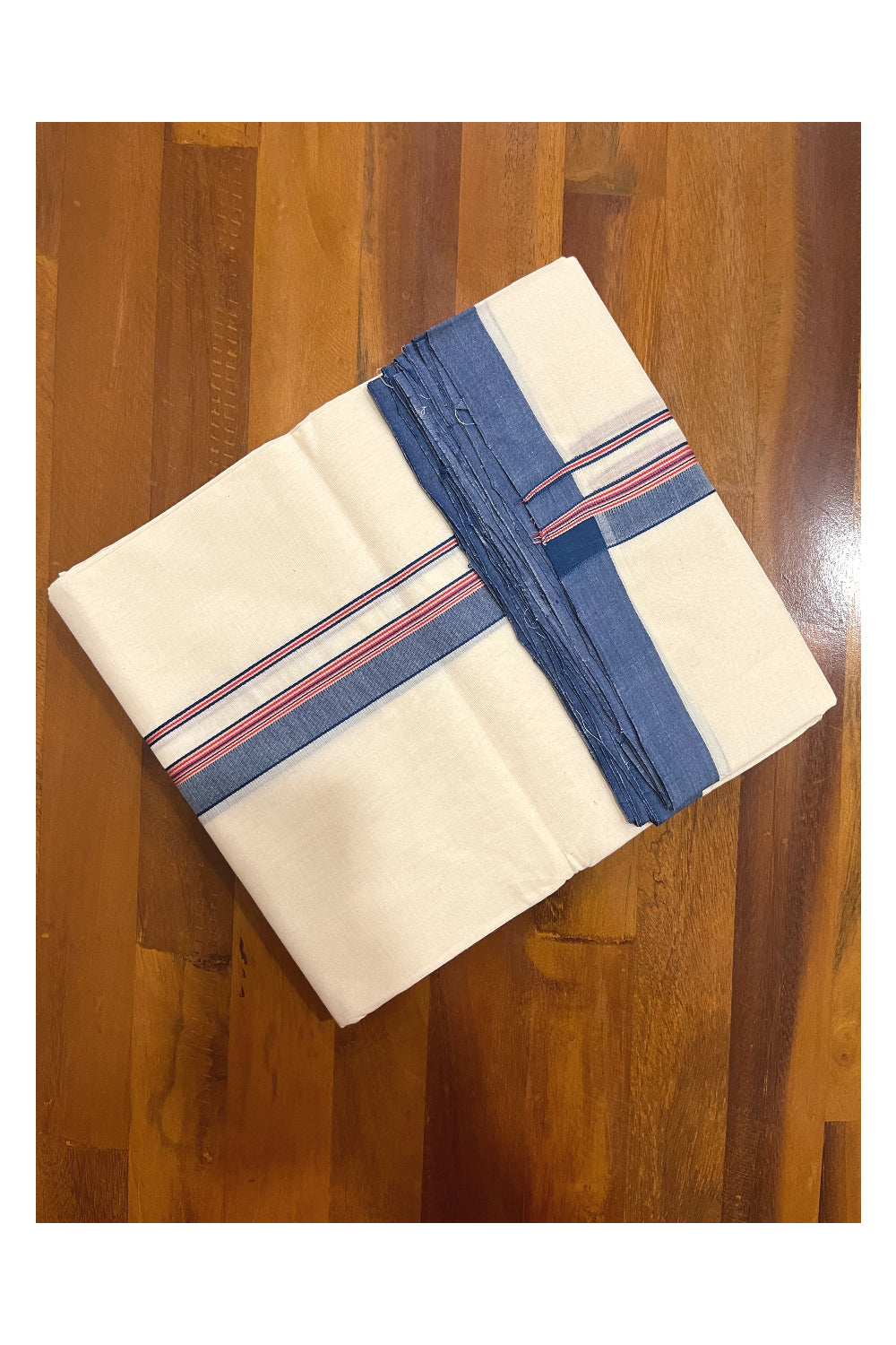 Southloom Premium Handloom Double Mundu with Blue and Red Border