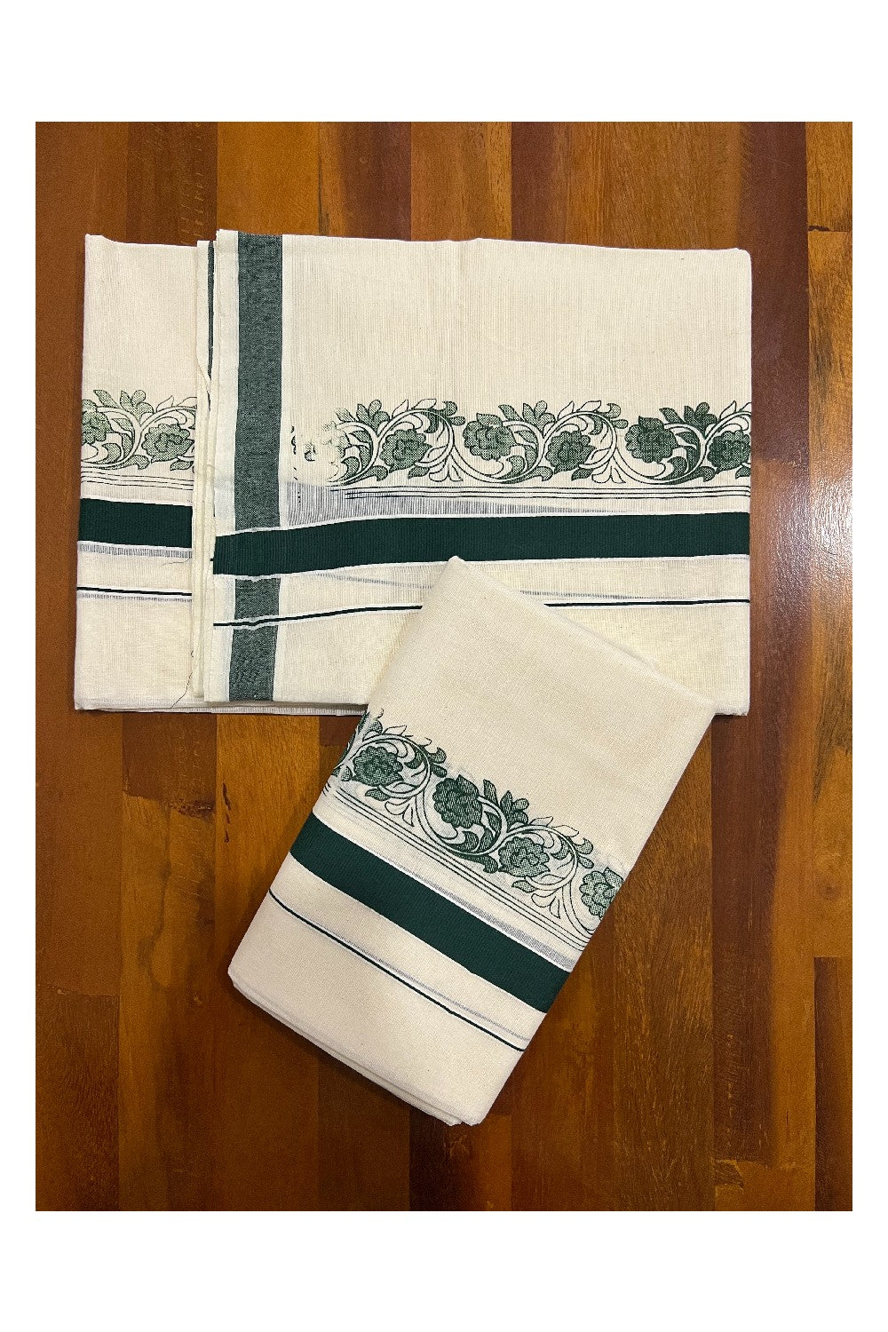 Kerala Cotton Set Mundu (Mundum Neriyathum) with Dark Green Block Prints on Border