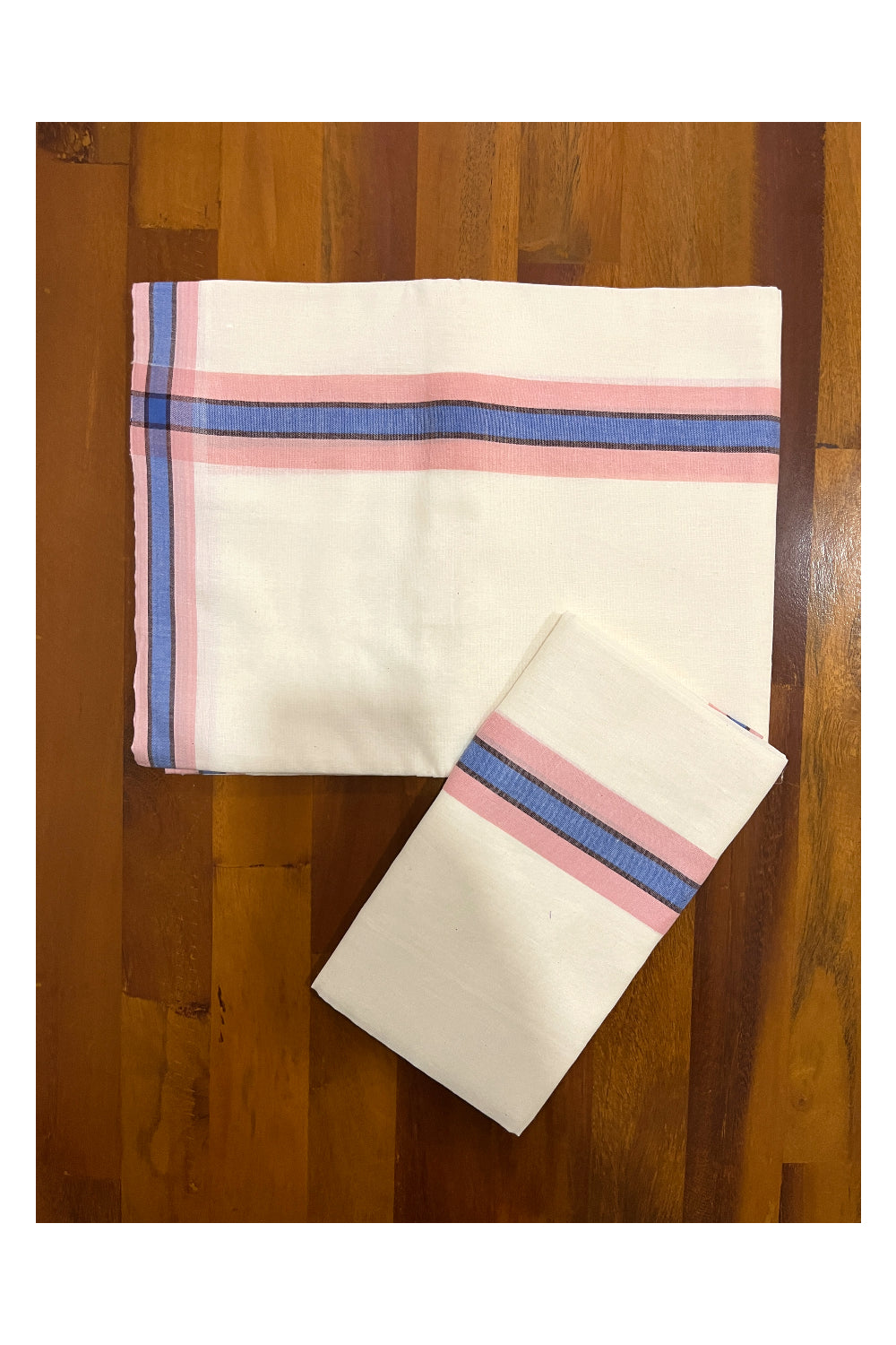 Kerala Cotton Mundum Neriyathum Single (Set Mundu) with Peach and Blue Mulloth Border (Extra Soft Cotton) 2.80 Mtrs