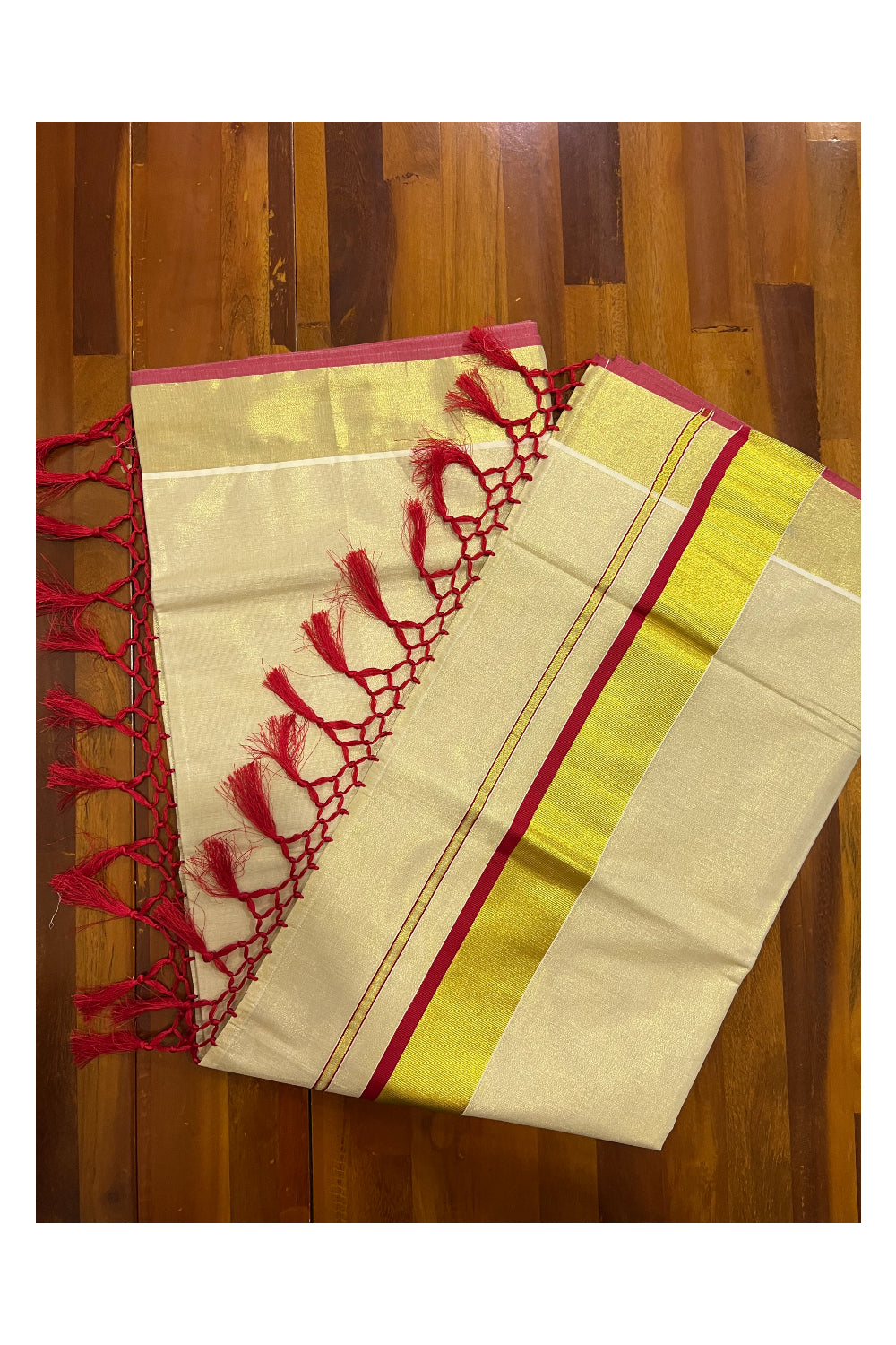 Kerala Kasavu Tissue Saree with Red Narrow Border and Tassels