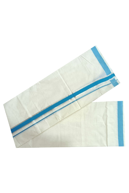 Off White Kerala Double Mundu with Silver Kasavu and Light Blue Kara (South Indian Dhoti)