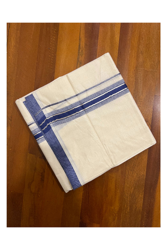 Pure Cotton Off White Double Mundu with Silver Kasavu and Dark Blue Border (South Indian Dhoti)