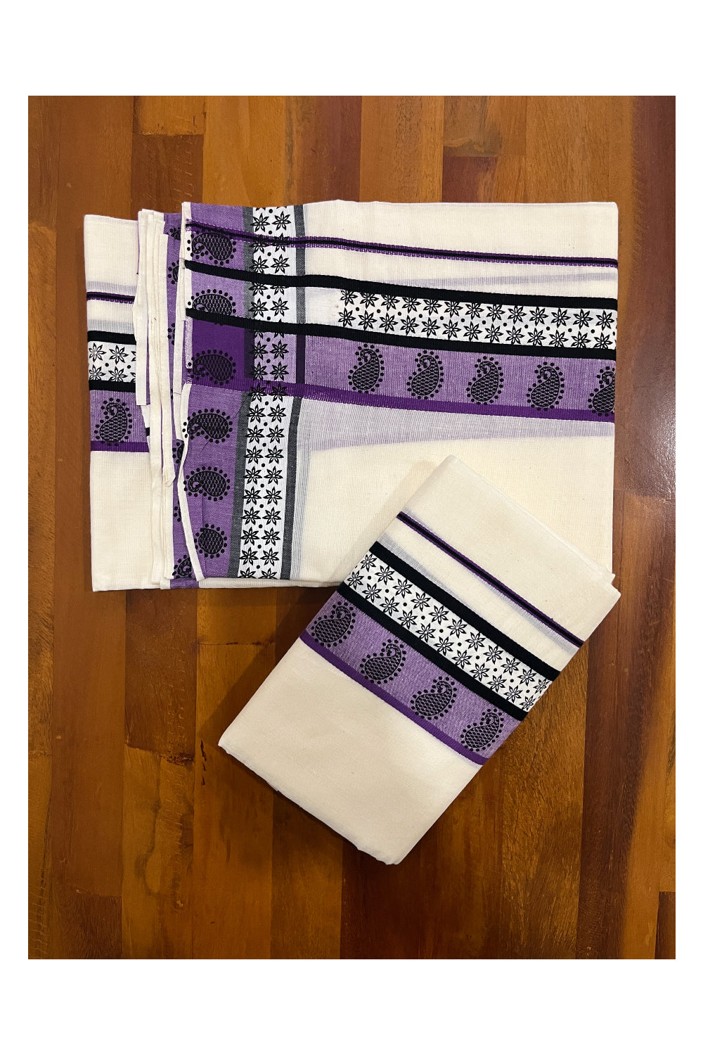 Kerala Cotton Single Set Mundu (Mundum Neriyathum) with Violet Black Block Prints on Border