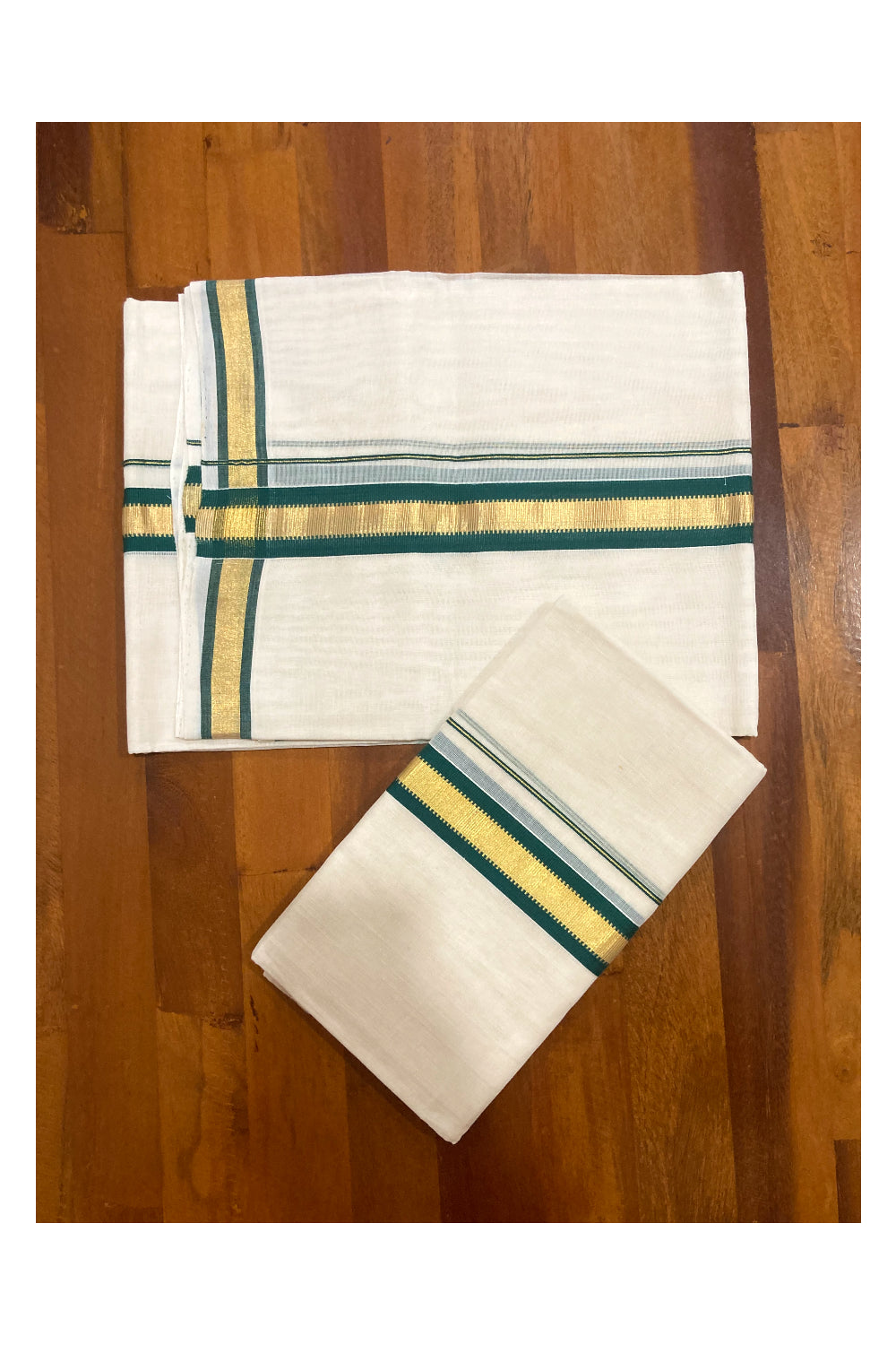 Southloom Premium Handloom Single Set Mundu with Kasavu and Green Border