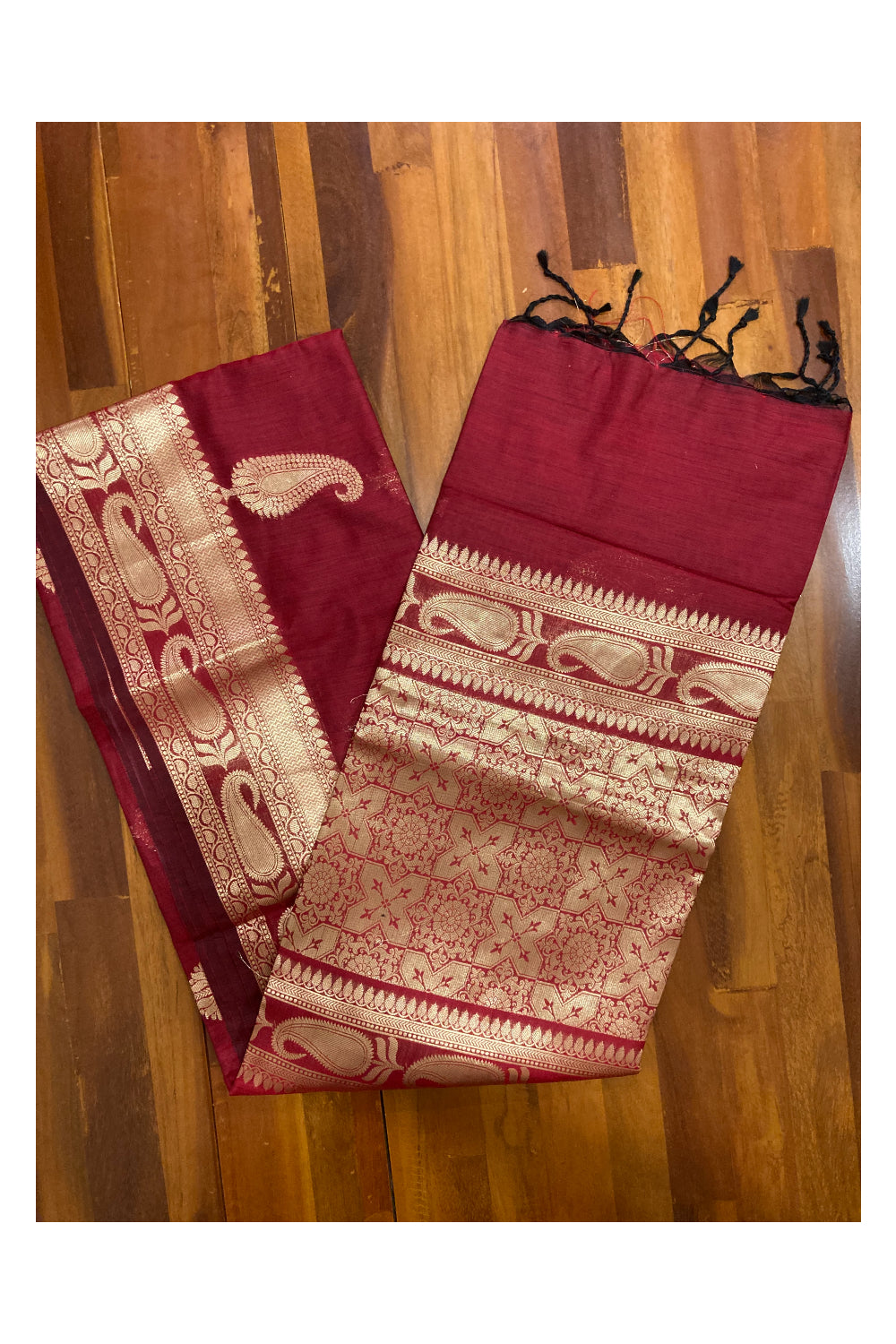 Southloom Red Cotton Designer Saree with Kasavu Woven Works