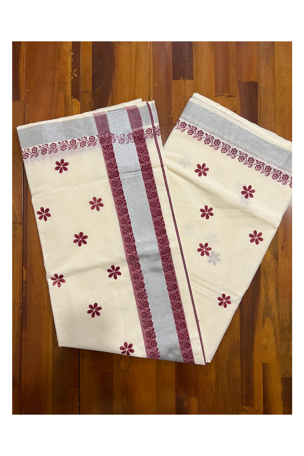 Pure Cotton Kerala Saree with Maroon Block Printed Floral Design and Silver Kasavu Border