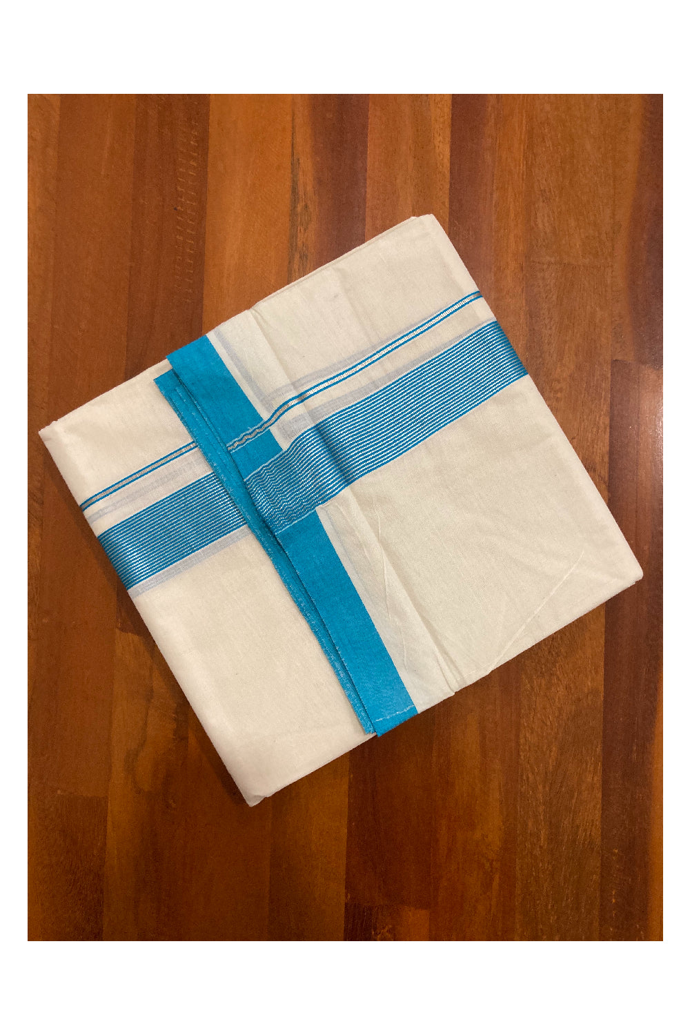 Off White Kerala Double Mundu with Silver Kasavu and Aqua Blue Line Border (South Indian Dhoti)