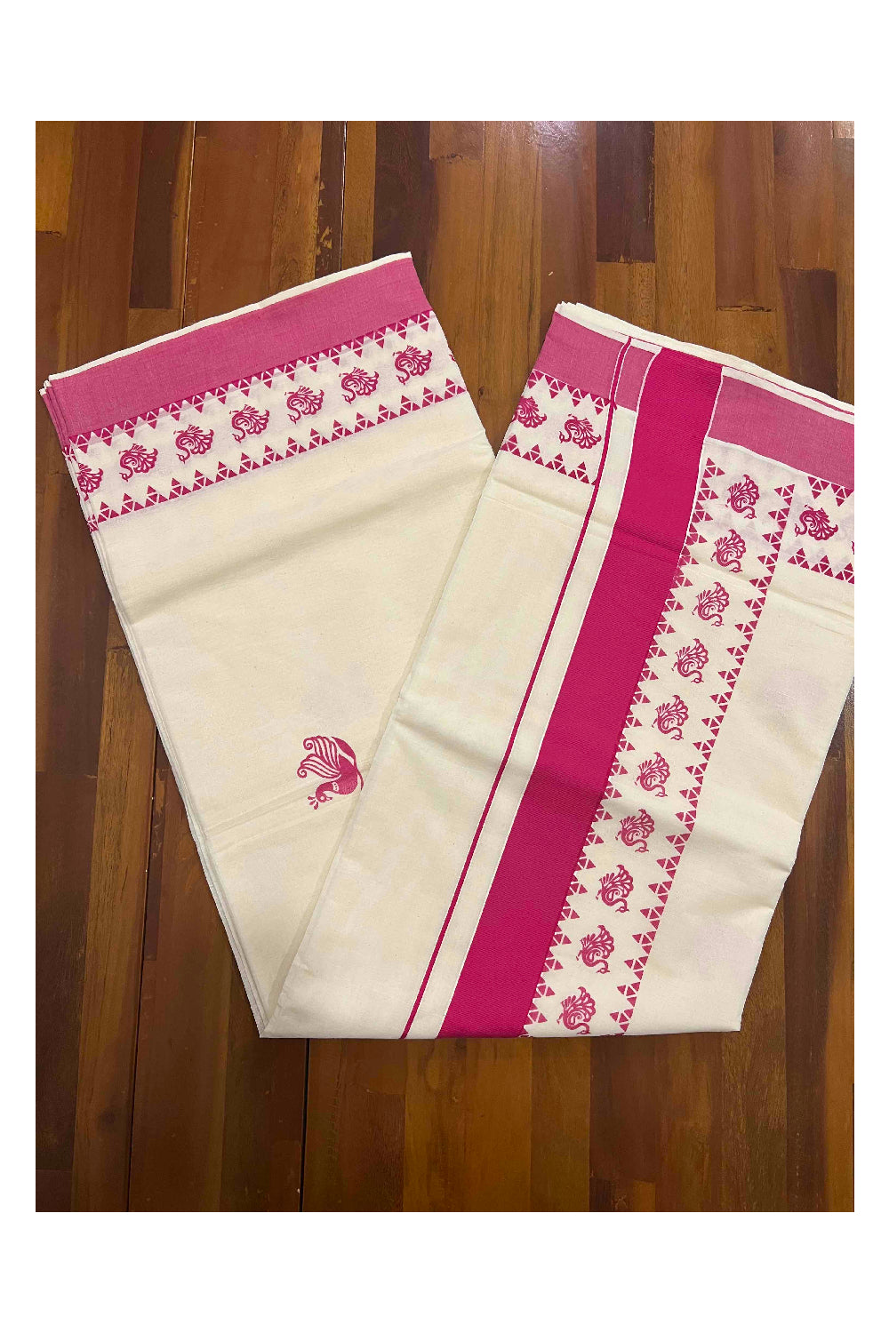 Pure Cotton Kerala Saree with Dark Pink Peacock Block Printed Border