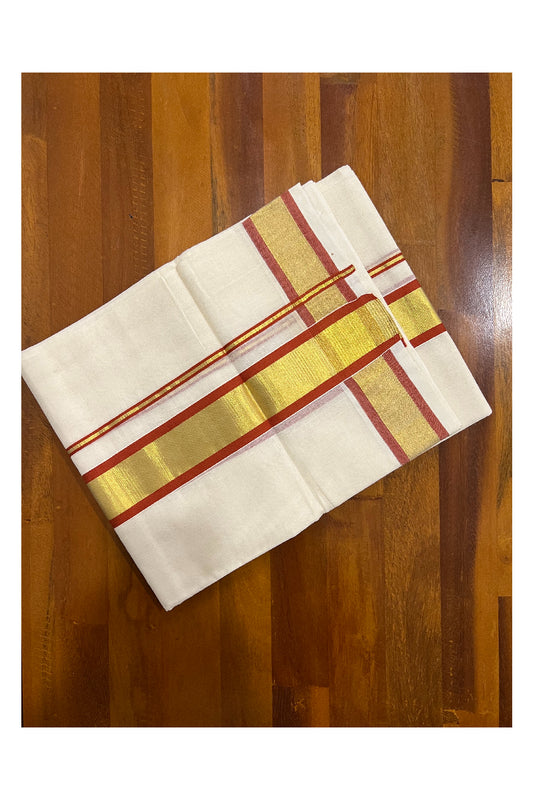 Southloom Kuthampully Handloom Pure Cotton Mundu with Orange and Kasavu Border (South Indian Dhoti)