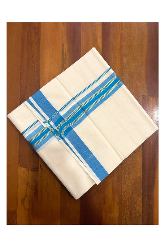 Pure Cotton Double Mundu with Kasavu Blue Kara (South Indian Dhoti)